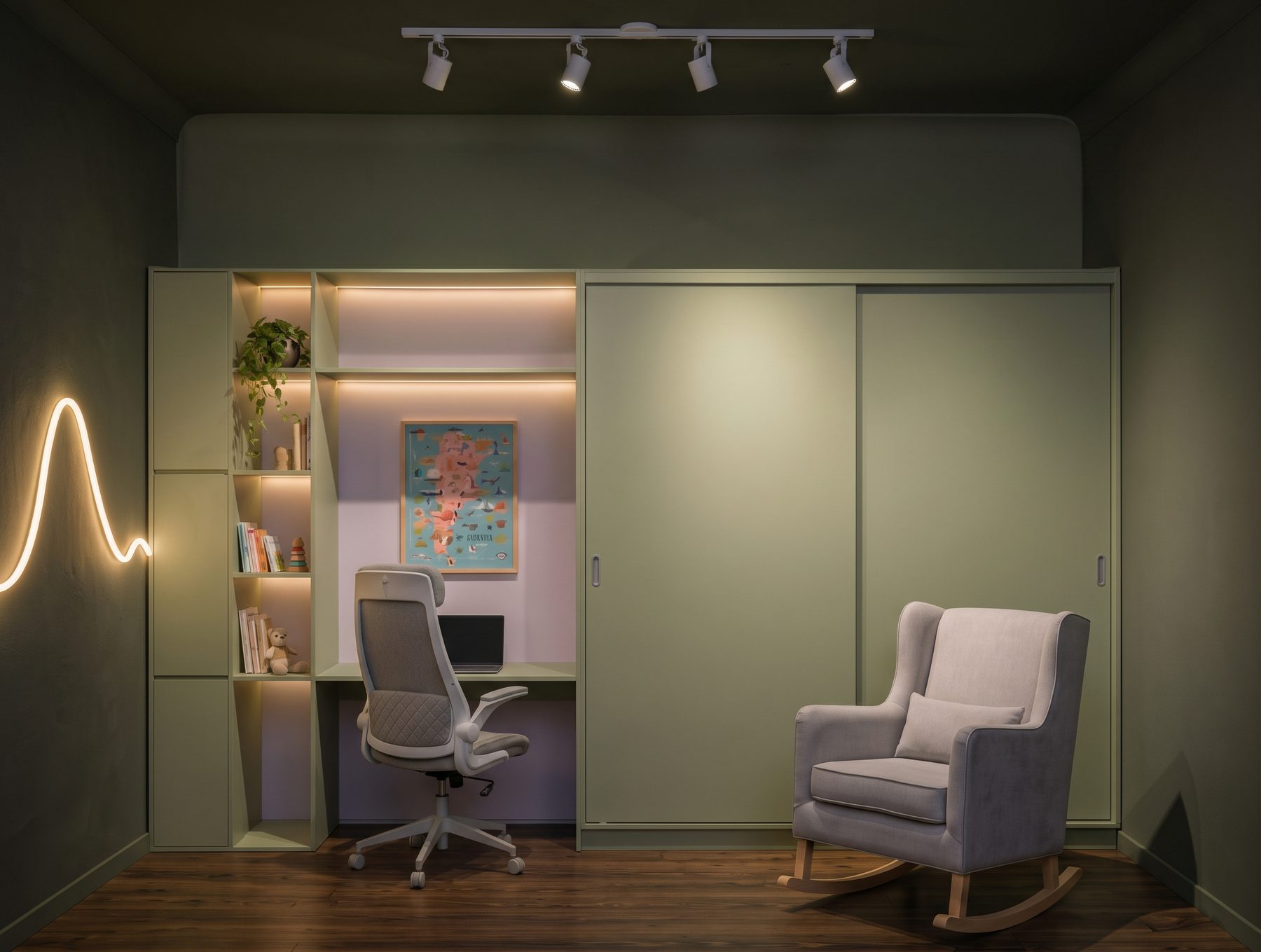Propuesta: mueble a medida verde con escritorio, estantes iluminados, placard integrado y mecedora