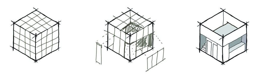 Diagrama de armado: cubo, piel perforada y programa interior
