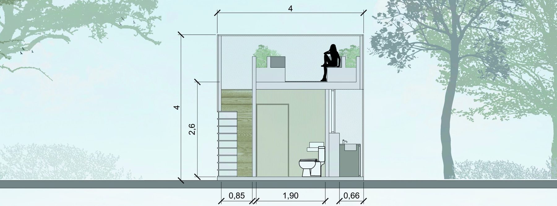 Corte del módulo con la planta baja y el mirador superior