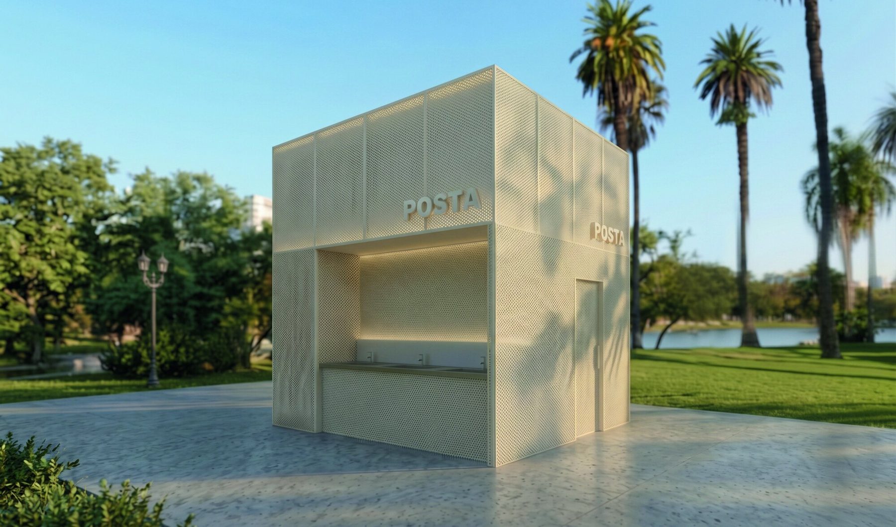 Render de día: el módulo blanco frente al lago