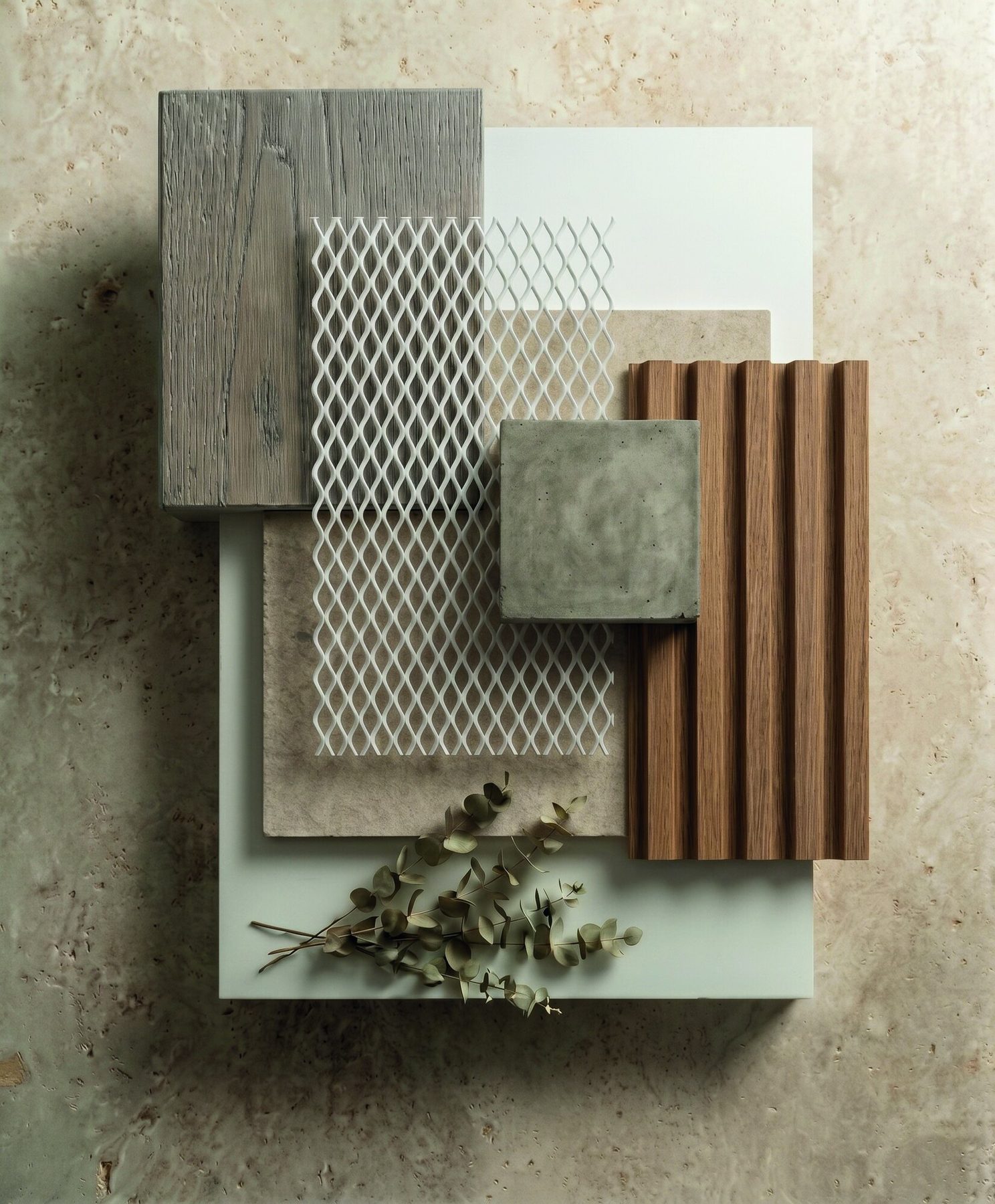 Moodboard de materiales: madera, metal desplegado, piedra y listones
