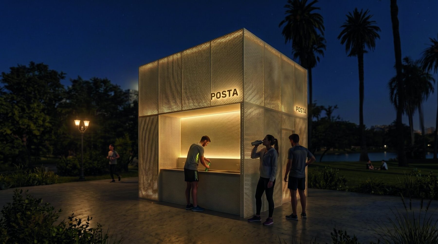 Render nocturno: el módulo POSTA iluminado desde adentro, con corredores tomando agua en los bebederos