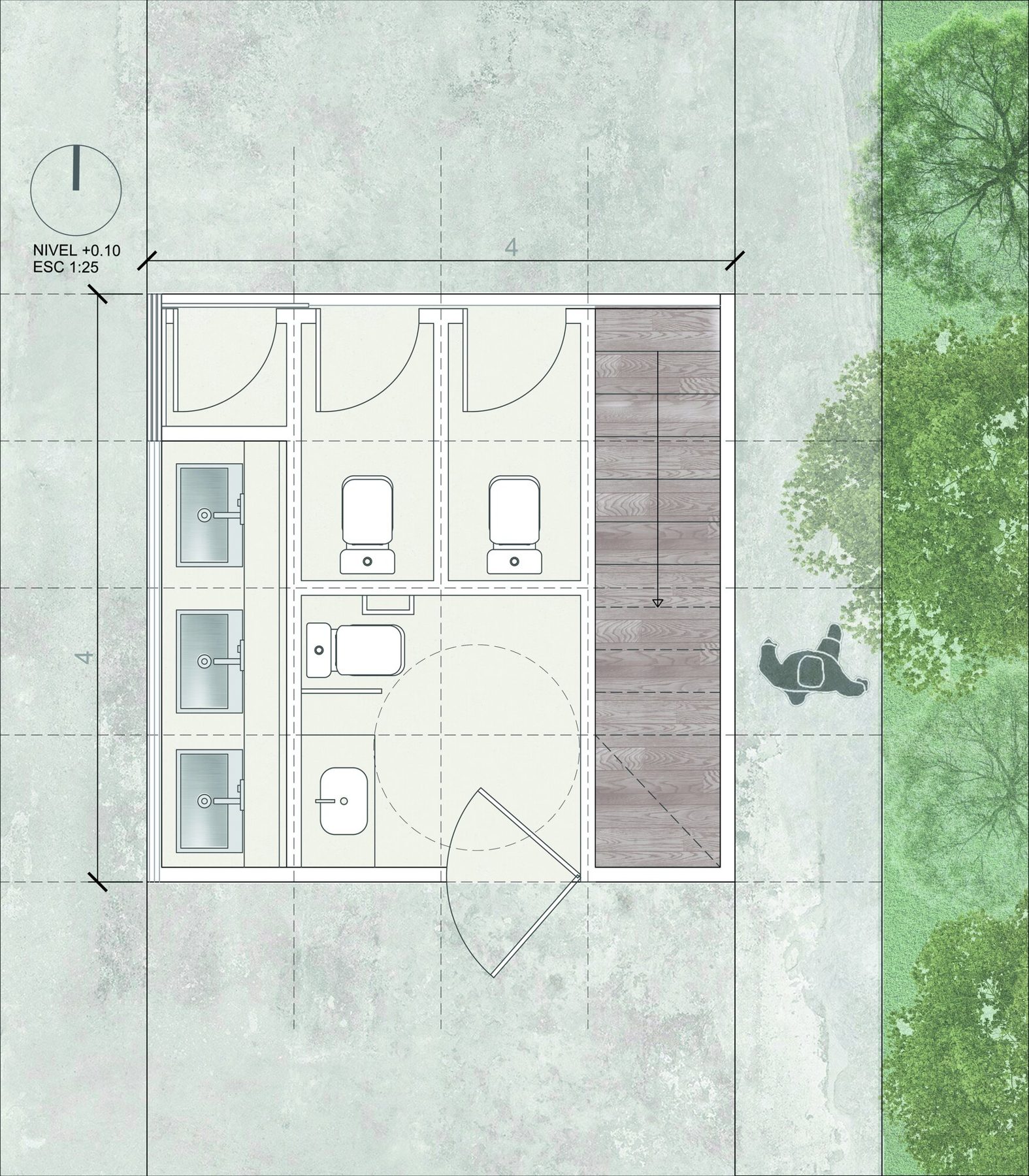 Planta del módulo a escala 1:25 con baños, lavatorios y escalera